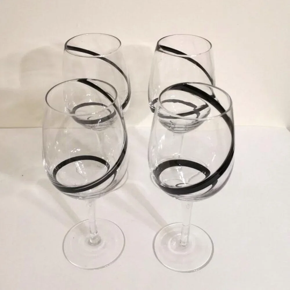 Pier 1 Black Swirline Clear Glass Goblets Wine Discontinued Hand Blown Set of 4